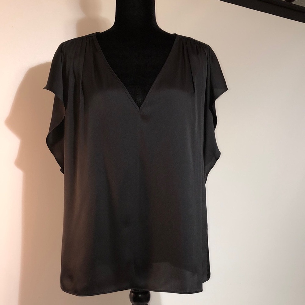 White House Black Market silky Blouse Black deep V Neck Size L flutter sleeves